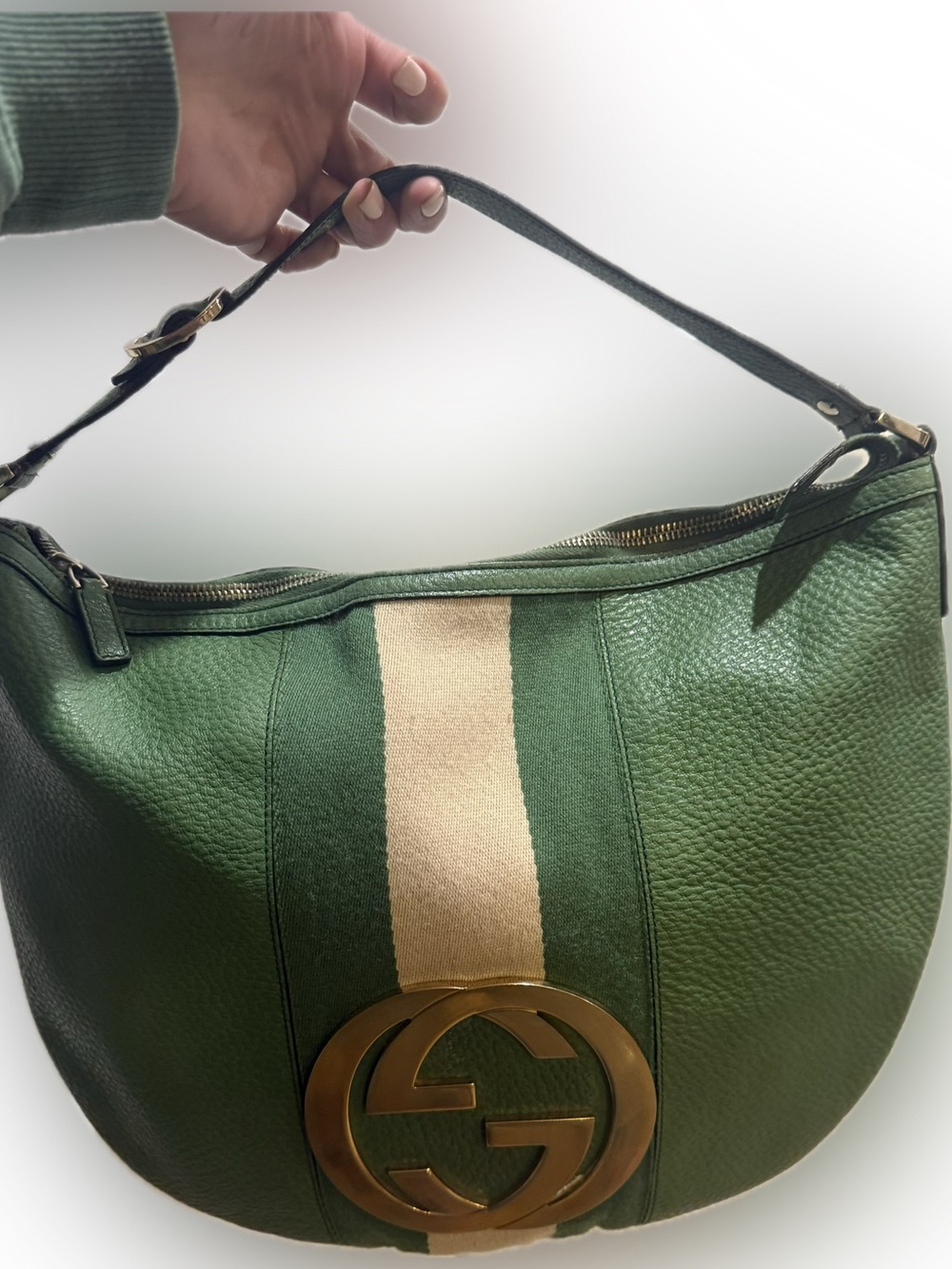 Gucci Web Blondie Green Pebbled Leather Hobo Bag Gold Hardware - Picture 2 of 11